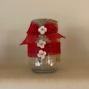 Hand Crafted New Decorative Holiday Christmas Mason Jar Vase Red Burlap Original